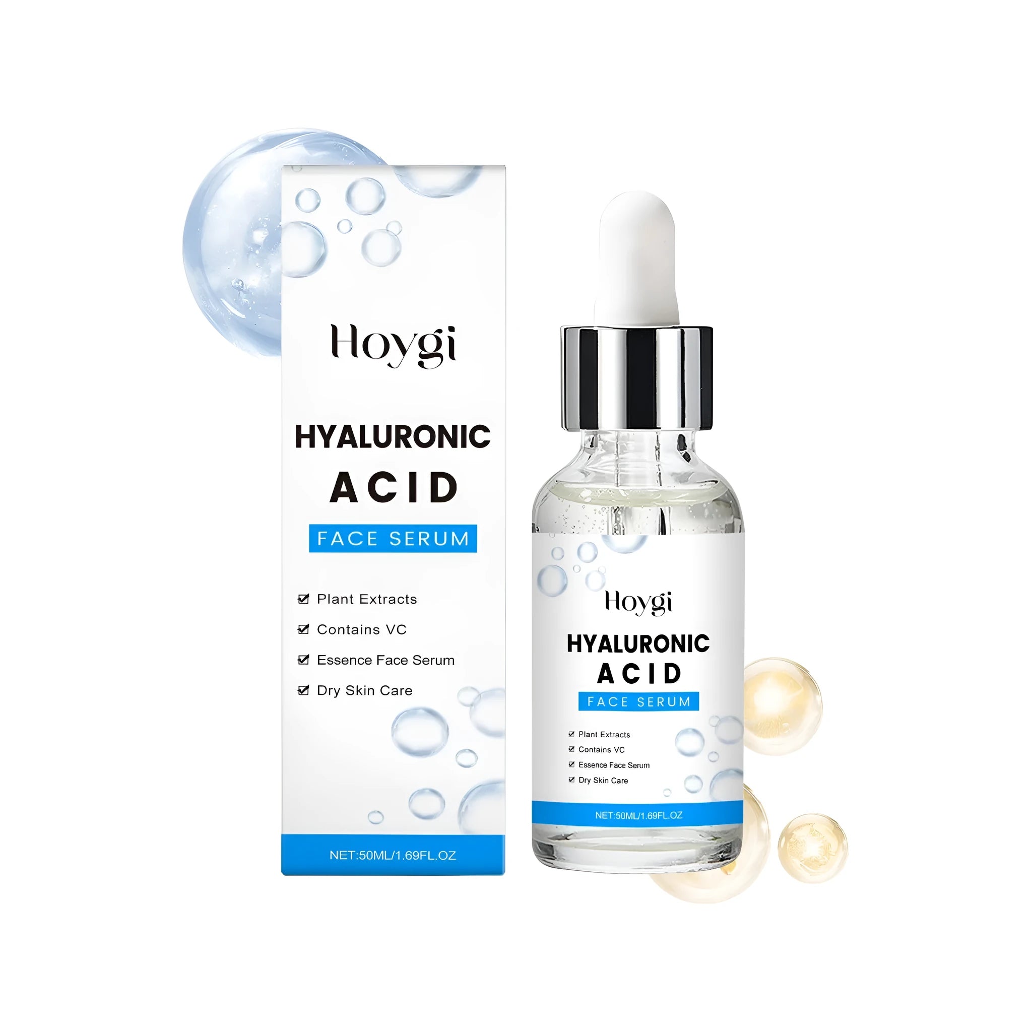 50ml bottle of hyaluronic acid and vitamin C face serum with Centella asiatica extract.