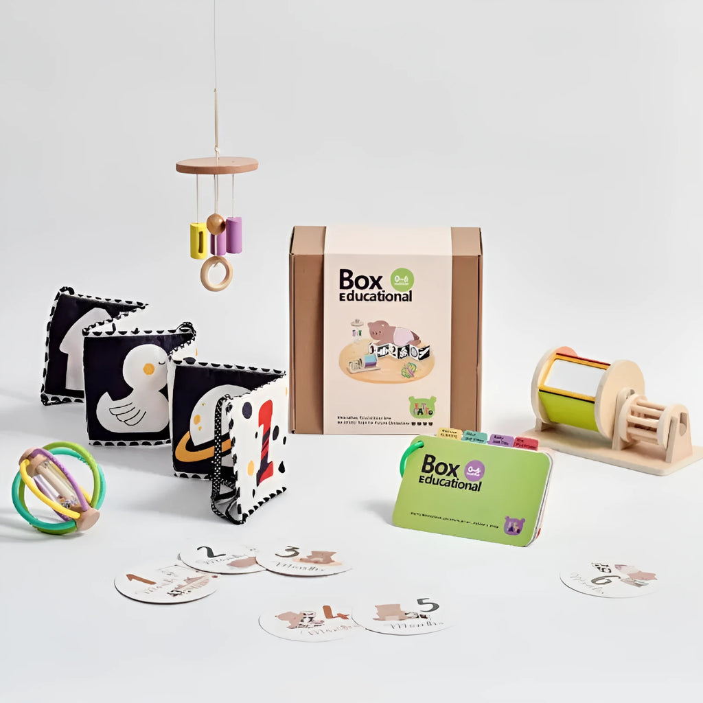 Wooden Montessori rattle set with black and white cards and ball chime in a colour box, ABS baby gift for 0-18 months
