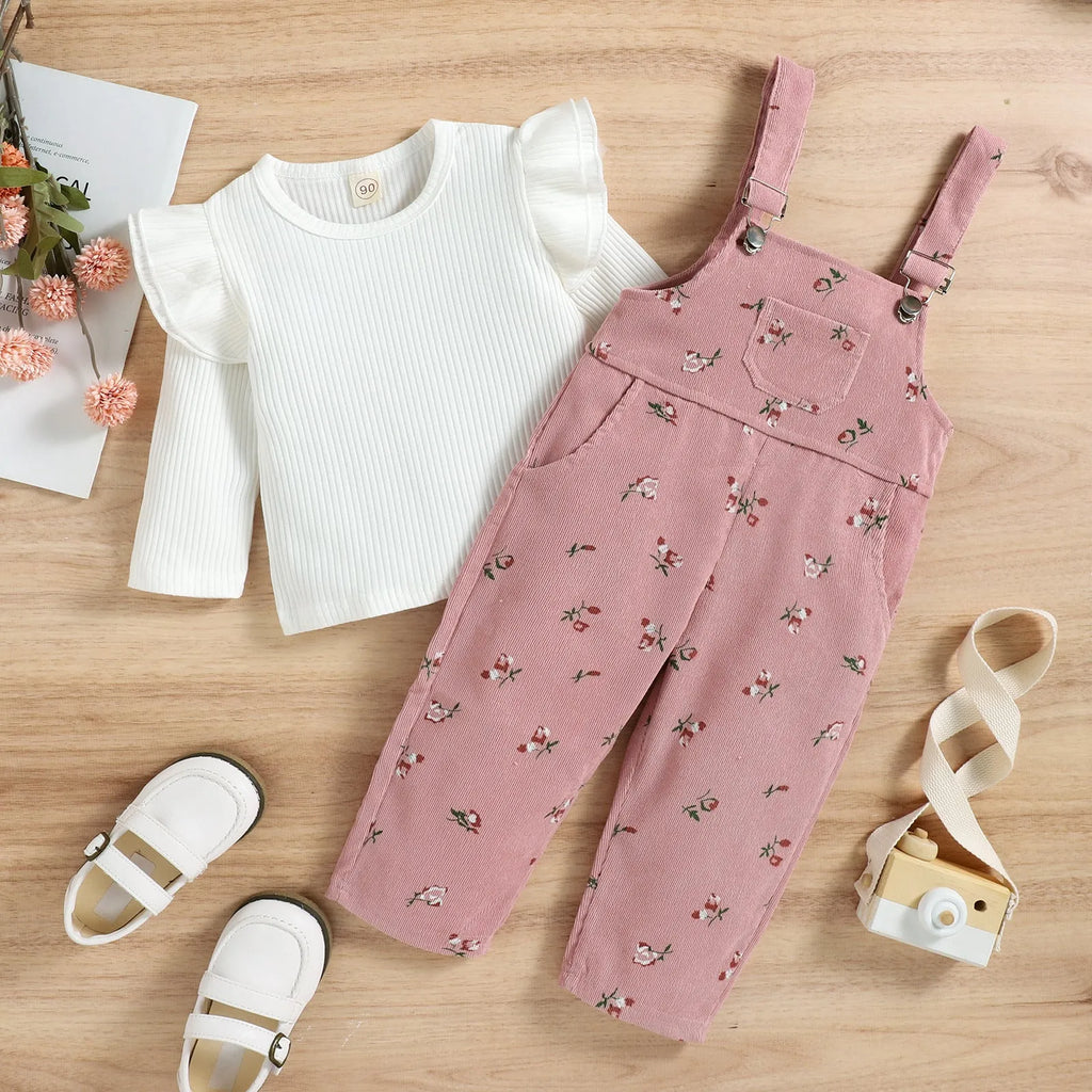 Girls long-sleeved printed cotton blouse and corduroy suspender trousers suit in pink