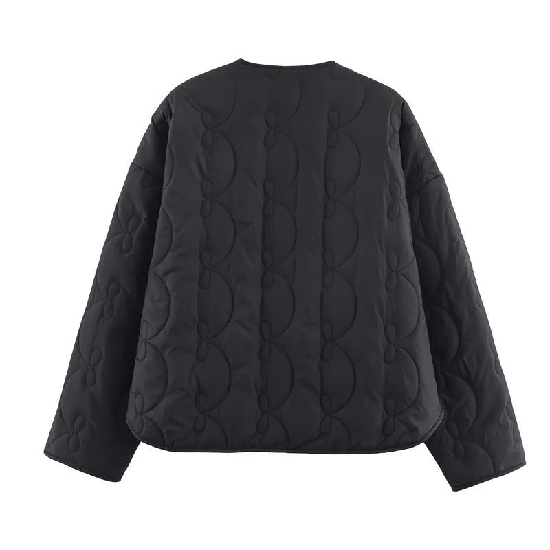 Women's black polyester quilted coat with fixed bow detail, straight fit, 50cm length, size XS-L