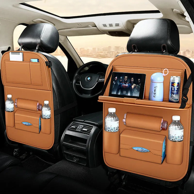 Car seat hanging storage bag in wear-resistant leather, available in beige, black, brown, coffee colours, standard and upgrade styles for vehicle organisation.
