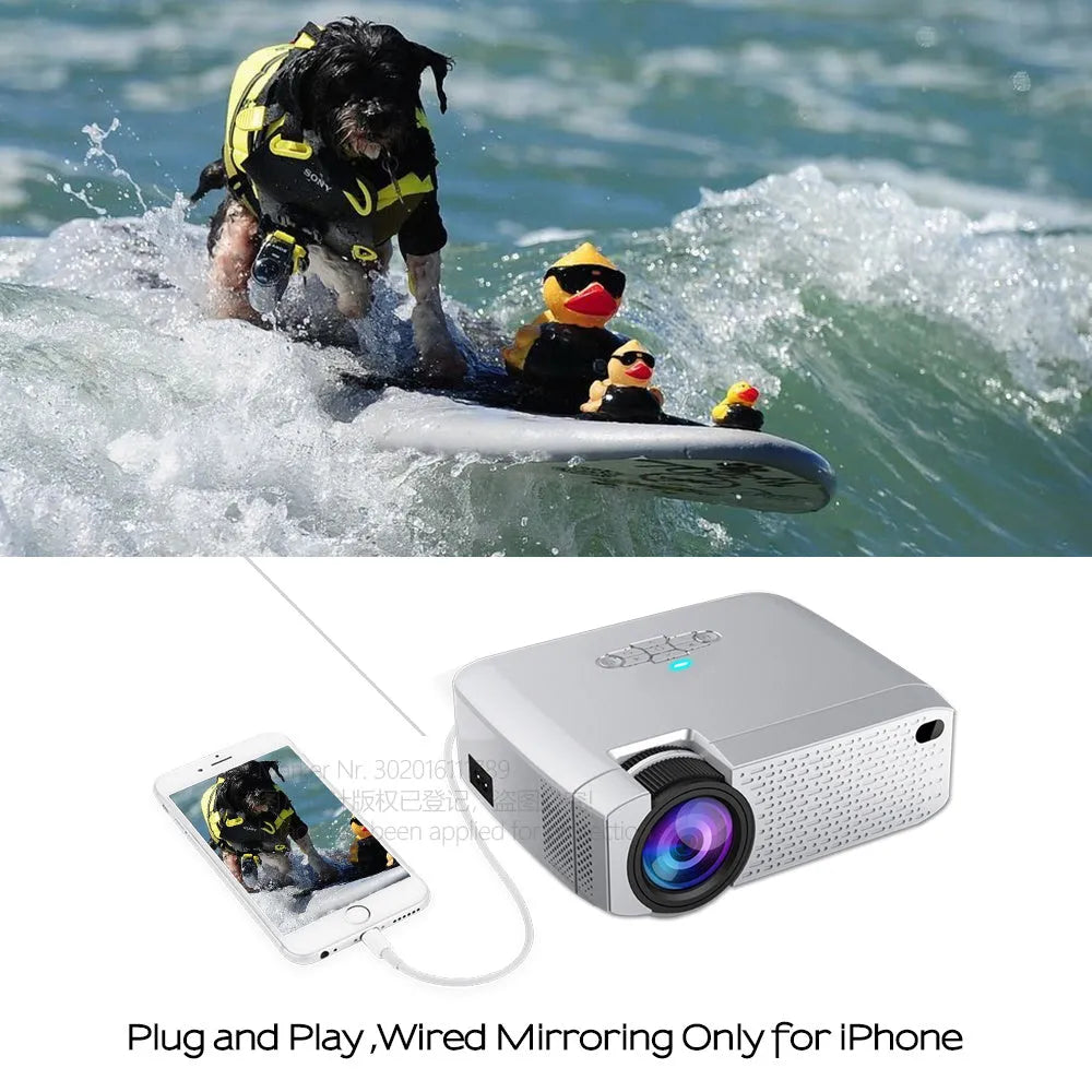 AUN D40W white mini LED projector with WiFi mirroring, USB port, and built-in speaker for home cinema