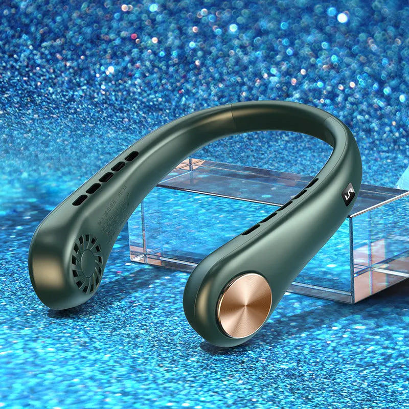 White bladeless mini neck fan hanging around a person's neck, showing its snake-shaped minimalist design.