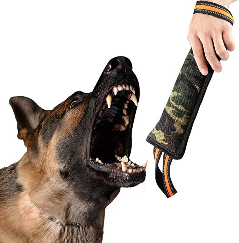 Long jute dog bite stick with reflective yellow edges on a grey background.