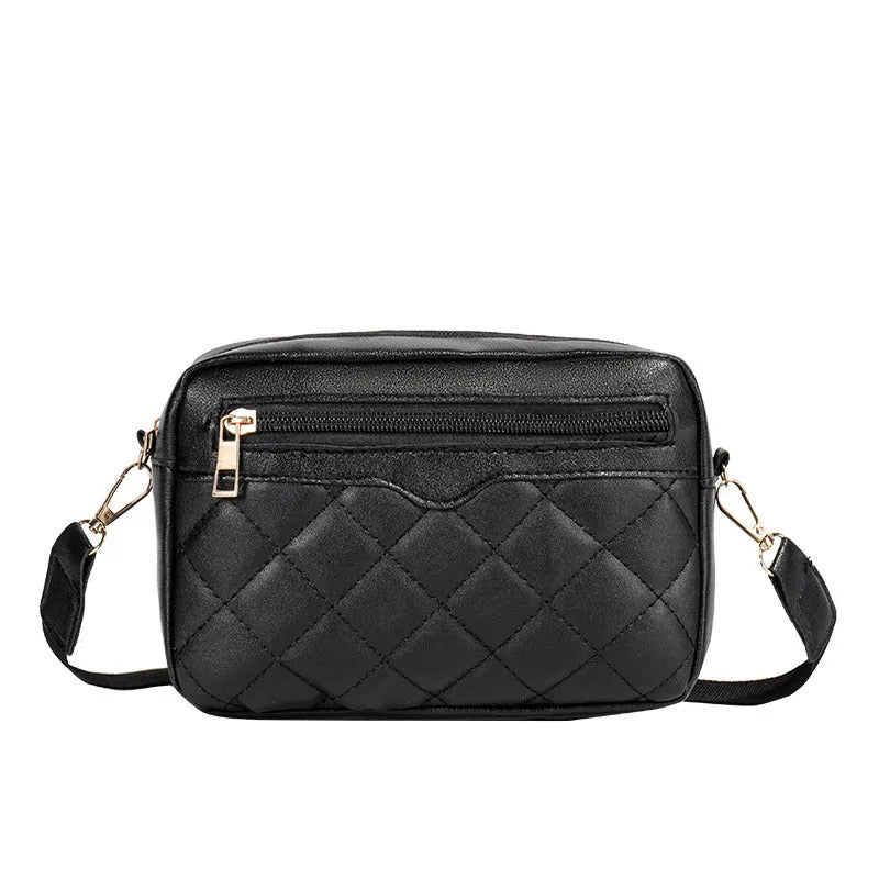 Ladies' single-shoulder embroidered crossbody small square bag in soft PU with diamond grid, 3D pocket, and file pocket.