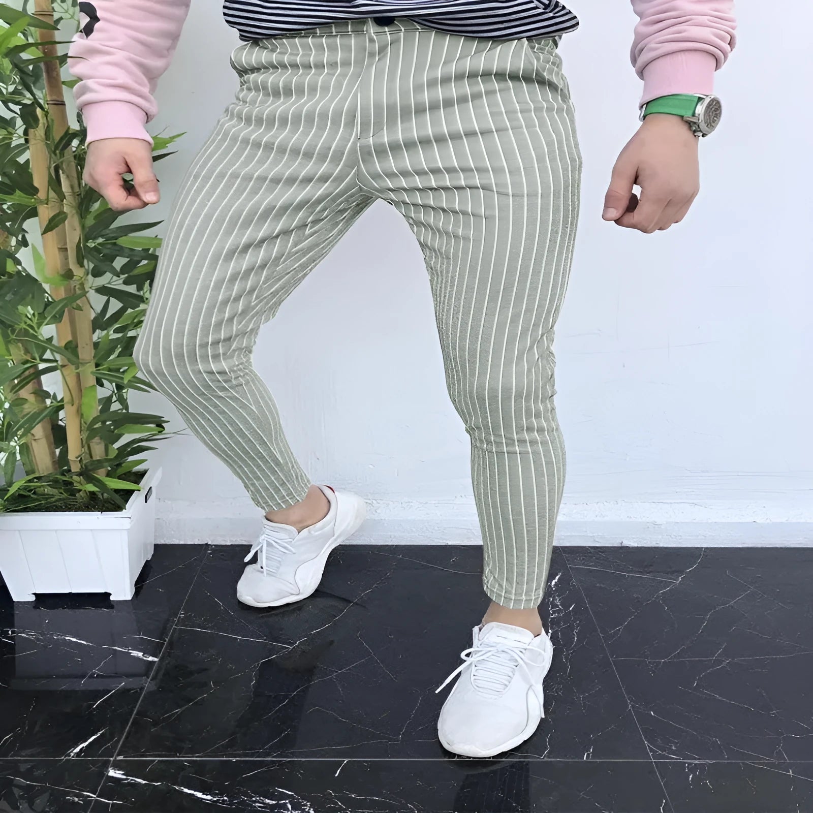 Men's slim-fit plaid casual trousers in polyester blend fabric with straight leg design