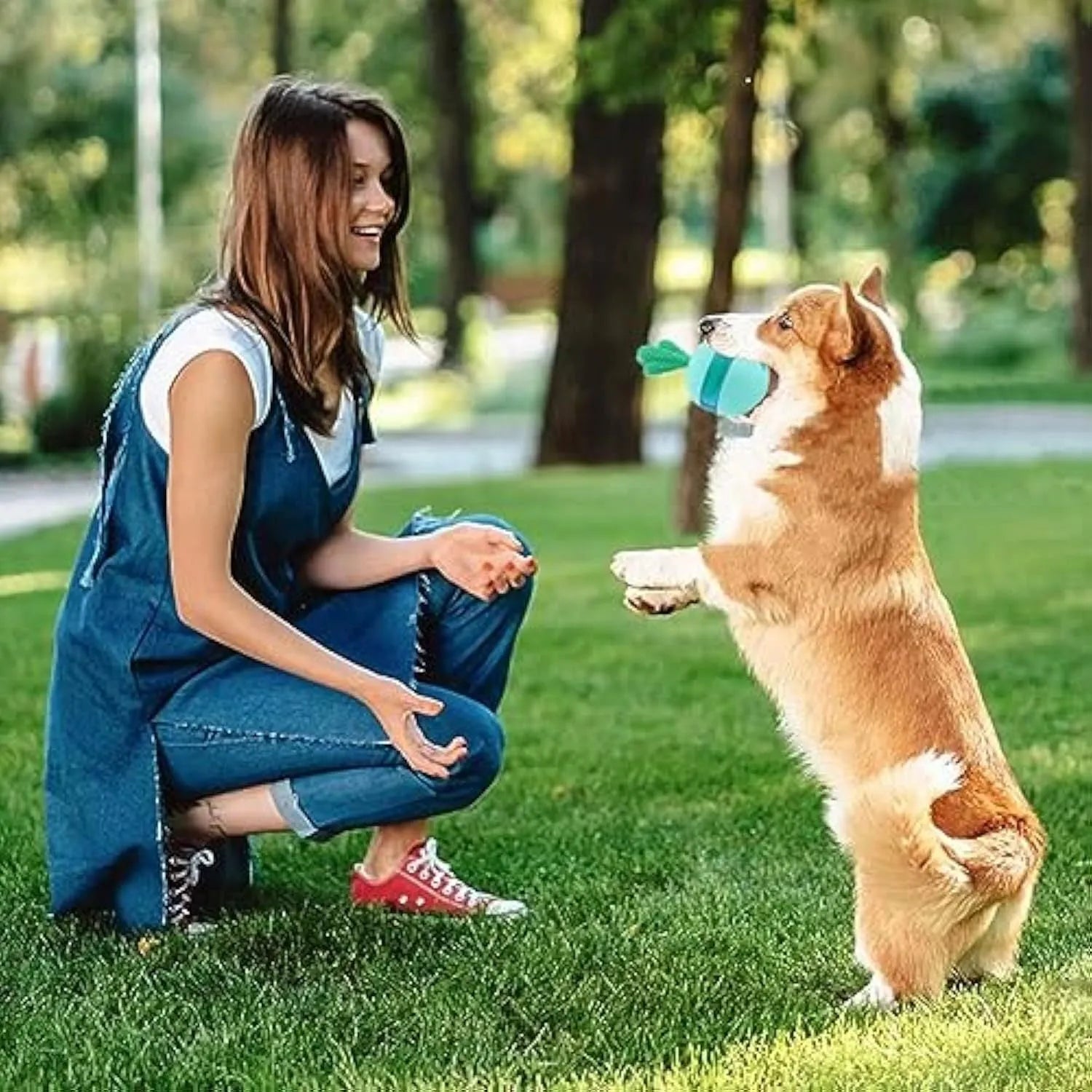 Blue and green durable rubber dog treat dispensing ball toy with small holes