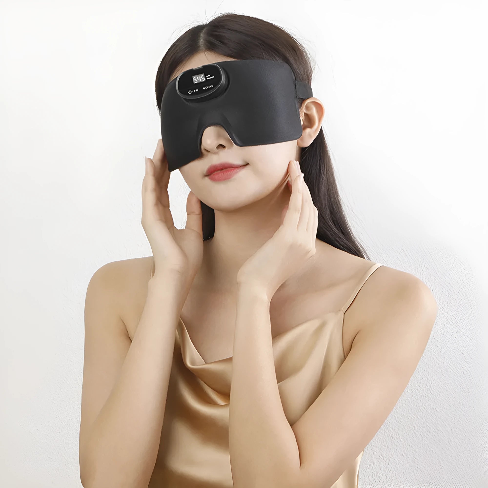 Black sleep aid smart eye mask with EMS massage, polyester and silicone build, rechargeable via USB