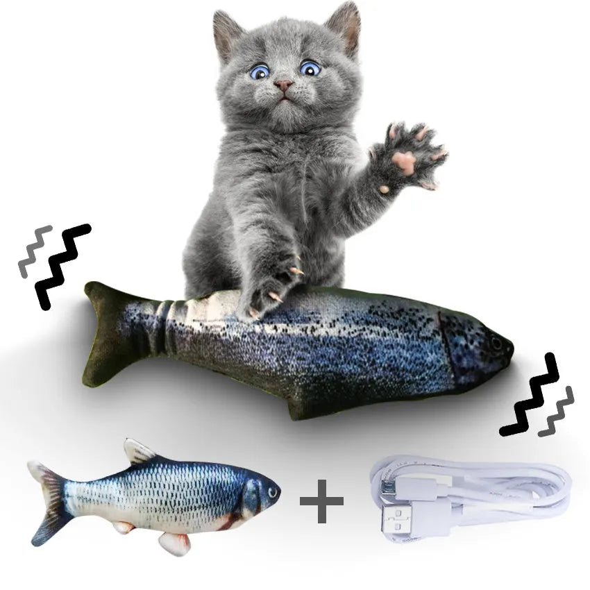 Multicolour electronic jumping fish cat toy with USB cable, measuring 30cm.