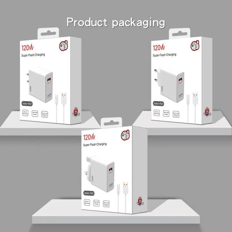 White 120W USB fast charger with US, EU, and UK plug adapters and a data cable.