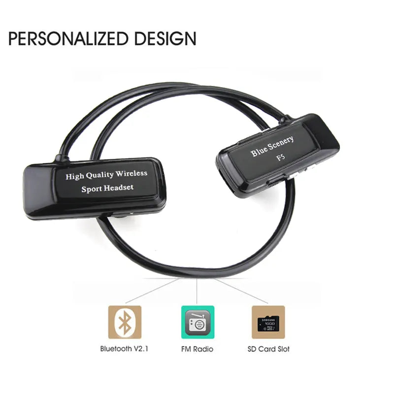 F5 wireless Bluetooth headset with hanging ear design in black