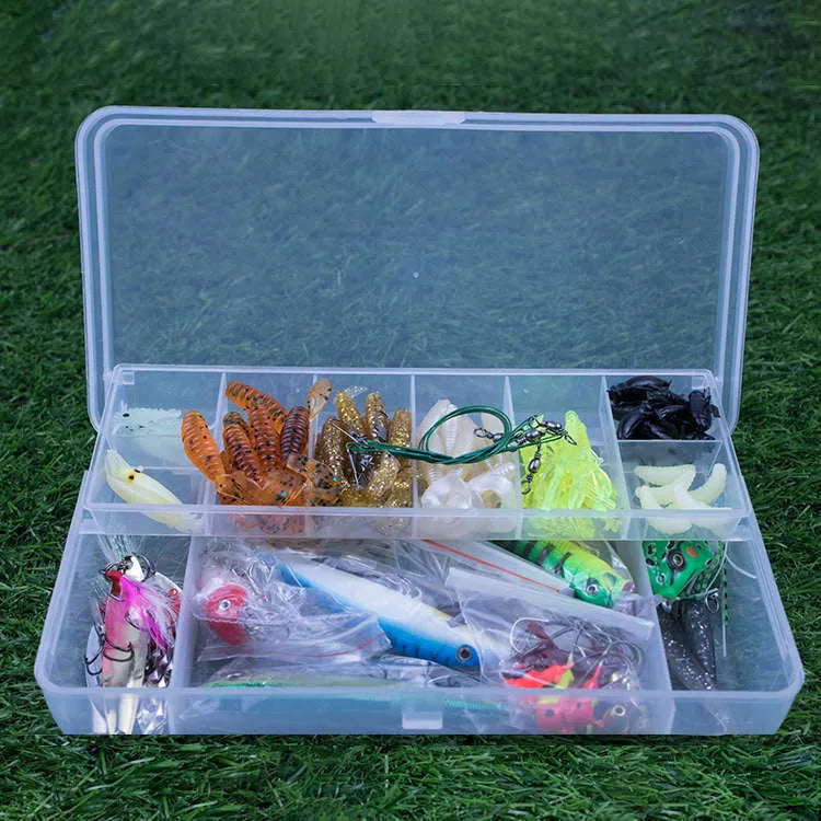 100-piece freshwater fishing lure set featuring Mino, VIB, spoon, and soft baits with silicone oil coating