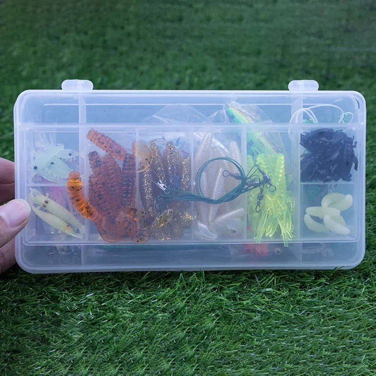 100-piece freshwater fishing lure set featuring Mino, VIB, spoon, and soft baits with silicone oil coating