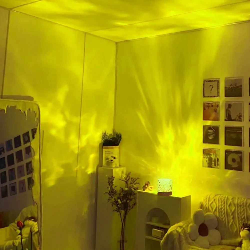 Crystal water ripple projector night light with acrylic lampshade, USB charging and touch control on a table