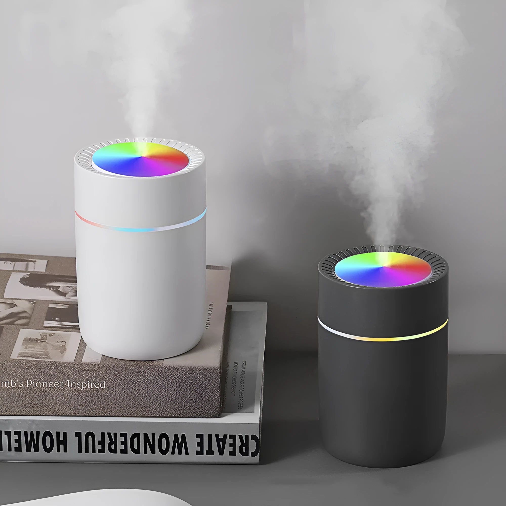 Gray classic 350ml cup humidifier with heavy fog and Horse Running Light ambient light on a desk