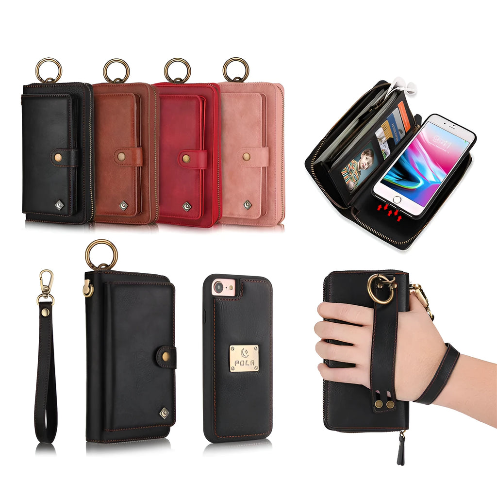 Multifunctional zipper wallet case for iPhone X and 6/7/8 Plus in black, with detachable inner shell, belt clip, card slot, and zip pocket.
