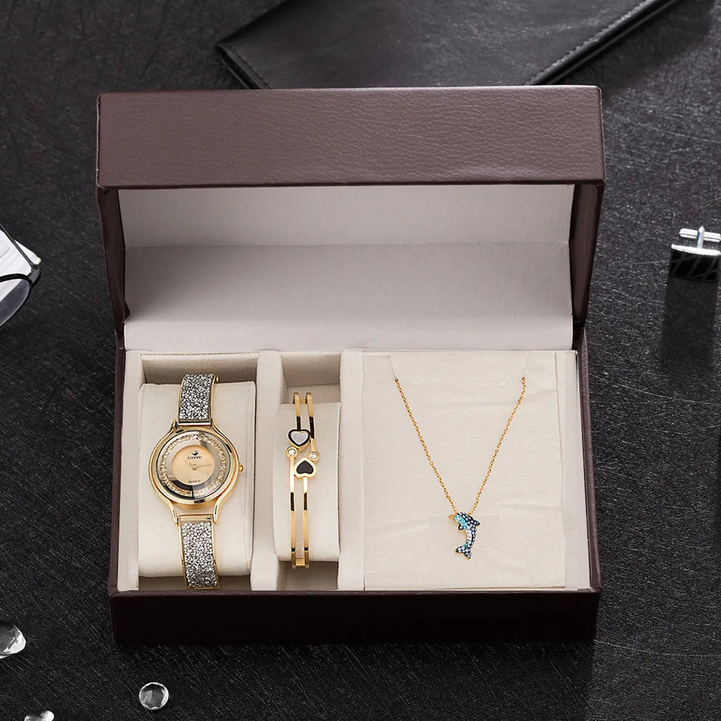 Ladies' quartz watch, 25mm round dial, alloy strap and case, Gold or Rose Gold, with bracelet, necklace and watch box