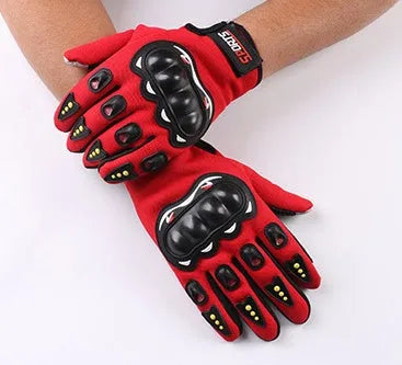 Full finger sports gloves with hard shell, anti-slip palm, touch screen finger and thumb, available in black, blue, and red.