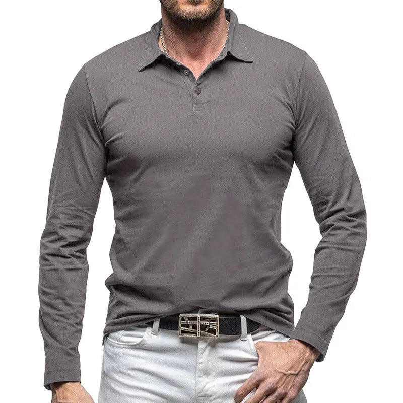 Men's dark grey cotton polo collar long sleeve t-shirt laid flat, showing American retro style.