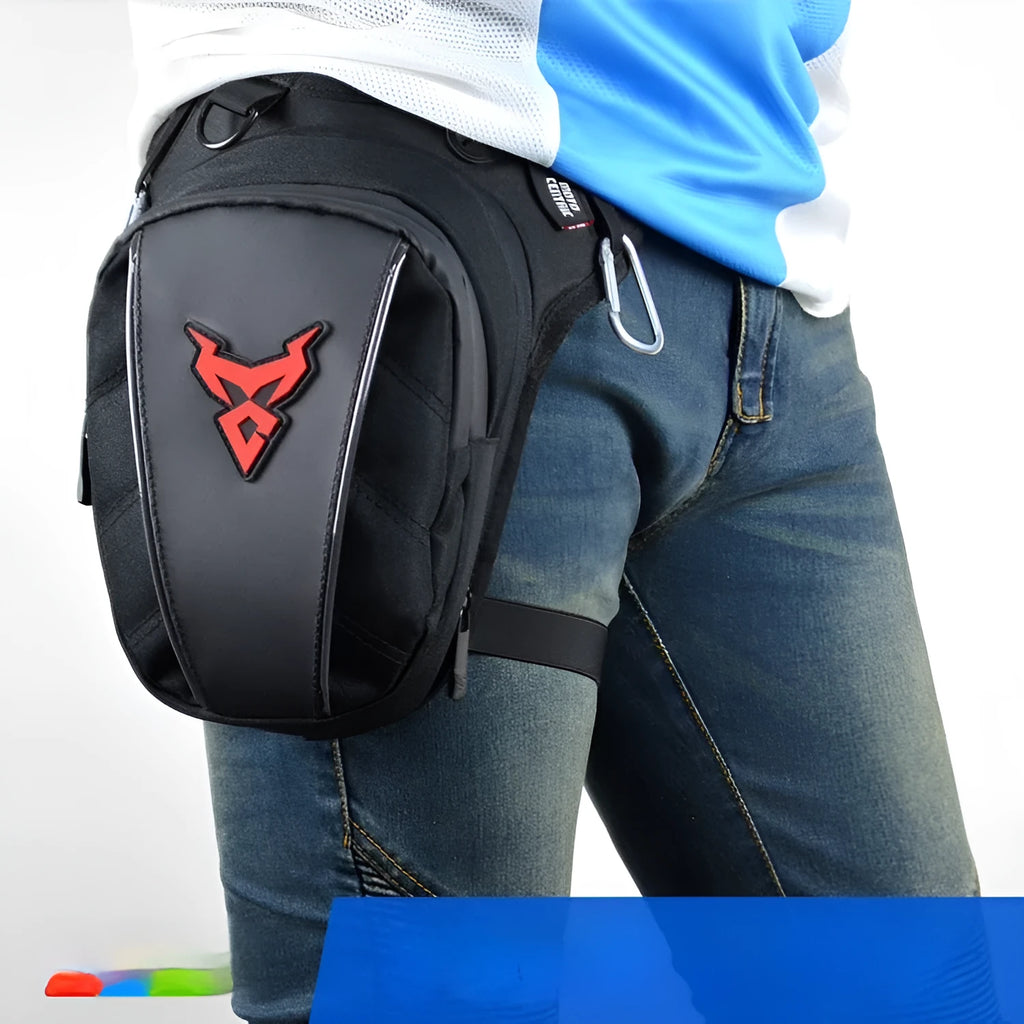 Motorcycle rider's leg bag in 1200D Oxford cloth shown in blue, with crossbody strap.