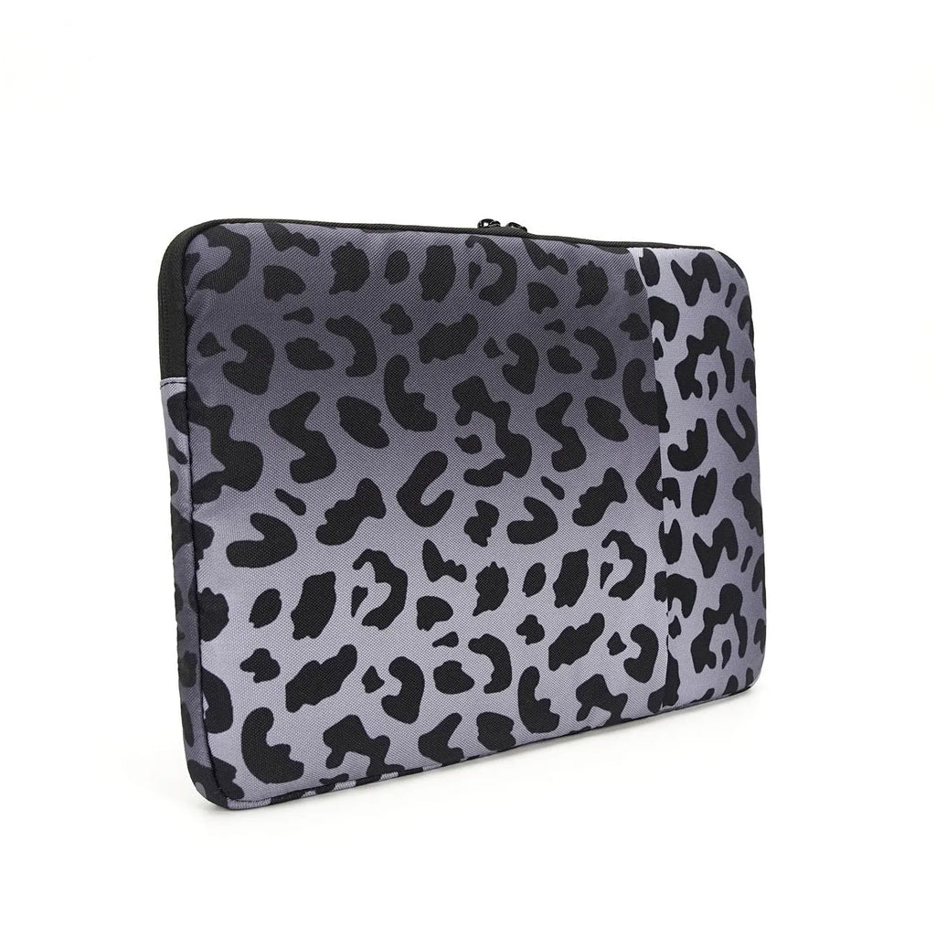 Leopard print laptop protective sleeve with waterproof polyester construction for 13-inch to 16-inch computers