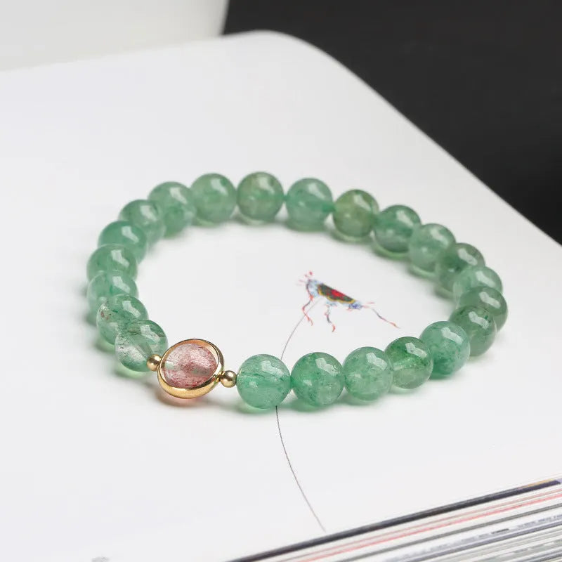 Green strawberry quartz Chinese style bracelet with 7.5mm beads and geometric hand-woven patterns