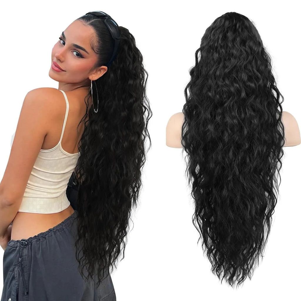 Long curly ponytail wig with grip band in synthetic high-temperature fibre