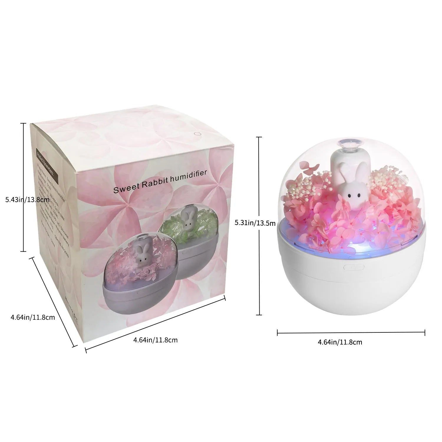 Pink creative rabbit-shaped aromatherapy humidifier with preserved flowers on top.