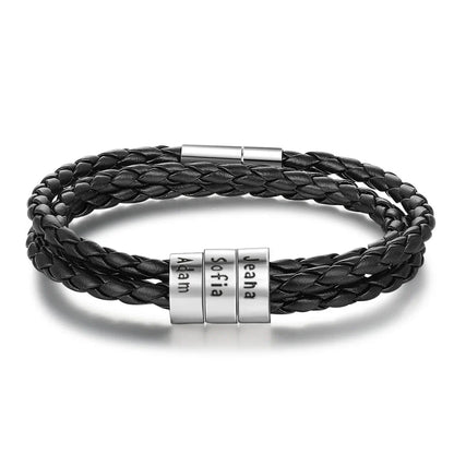 Personalized leather bracelet with engraved name charm for men, featuring a braided design and stainless steel beads