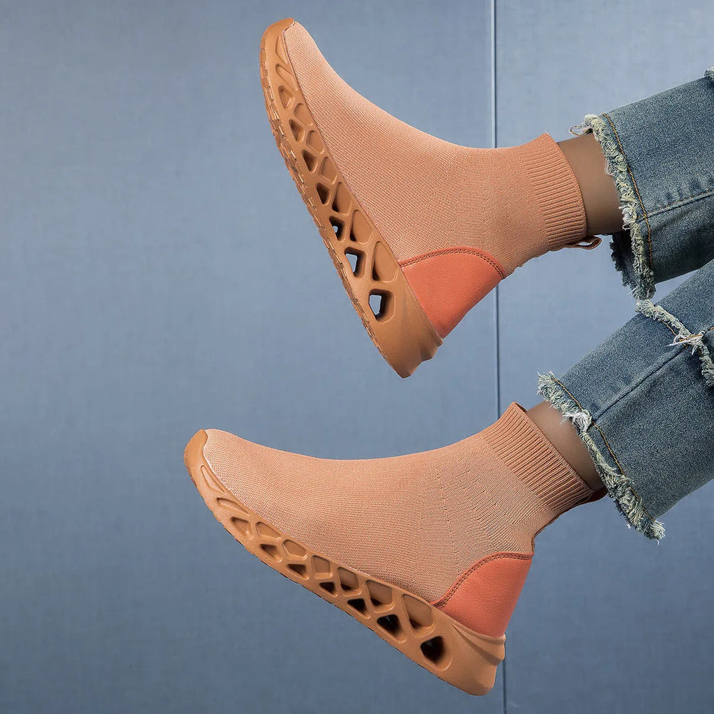 Women's casual mesh slip-on shoes in terracotta colour with round toe and flat sole
