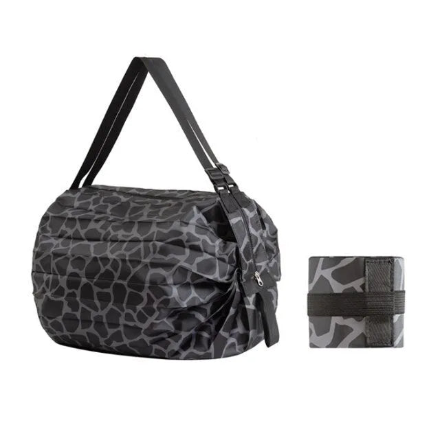 Large capacity foldable nylon shopping bag in beige yellow with zip closure, measuring 15.7 inches square