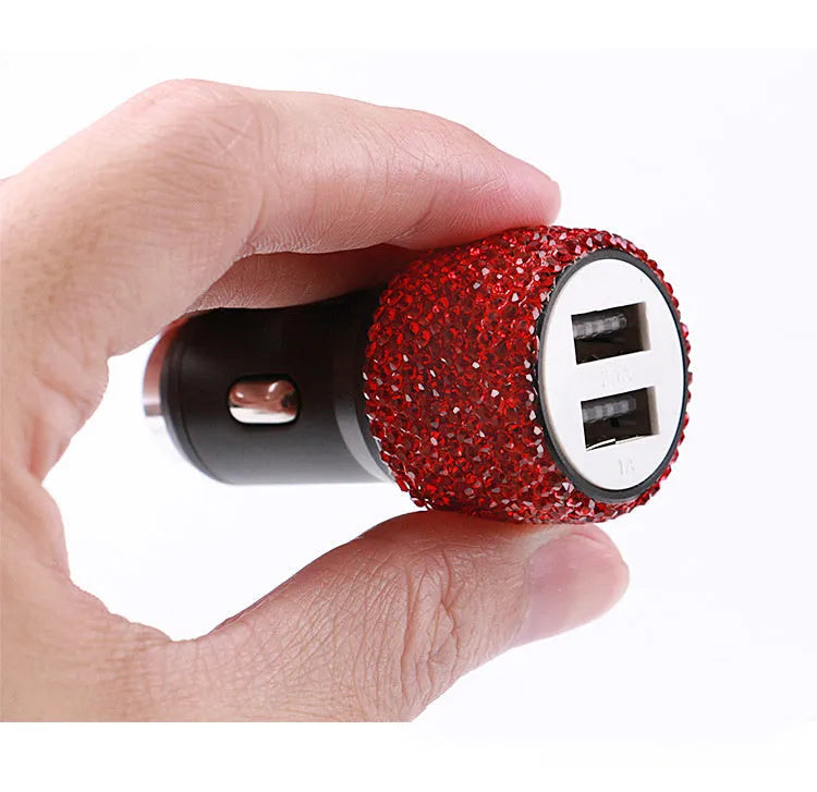 Diamond-textured dual USB car charger in red, white, black, pink, and AB colours for 12V cigarette lighter sockets.