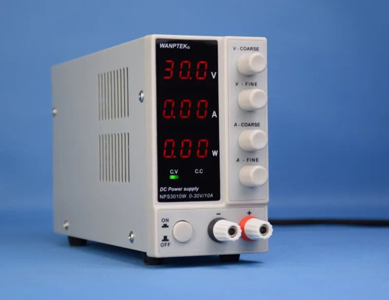 White adjustable DC laboratory power supply with digital display, model S605W, UK plug.