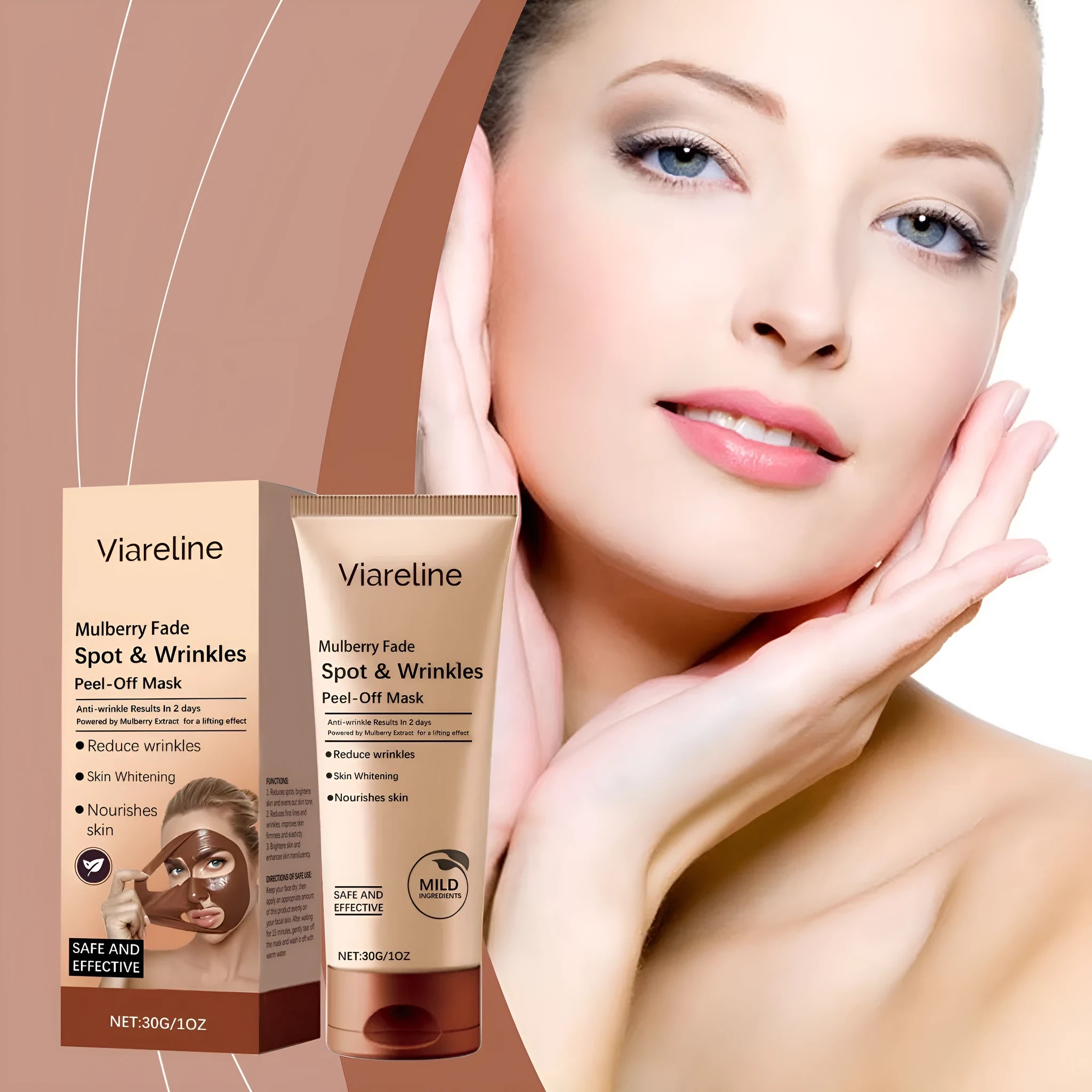 Single 30g facial mask for wrinkles with arbutin and hyaluronic acid ingredients.
