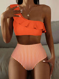 Women's striped and solid colour bikini swimsuit set on a white background.
