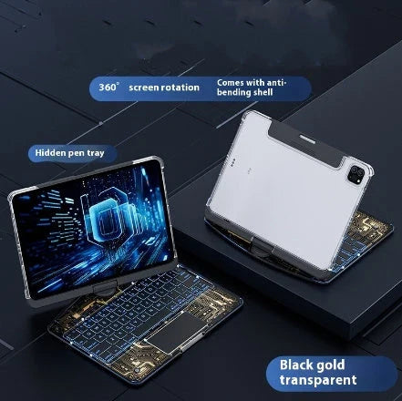 Versatile 360-degree swivel keyboard case with transparent backplate, scissor-style keys, and integrated trackpad for iPad