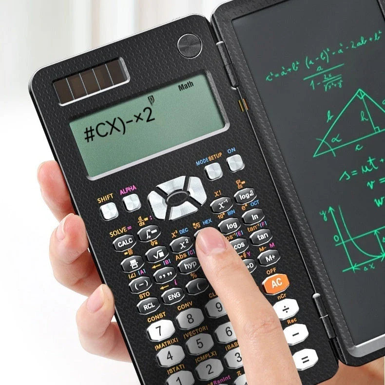 Versatile folding scientific calculator with integrated digital handwriting pad for seamless note-taking and calculations