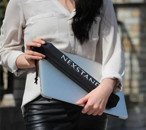 Black reinforced nylon folding laptop stand in open and closed positions