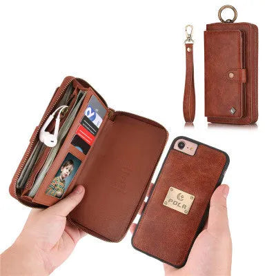 Multifunctional zipper wallet case for iPhone X and 6/7/8 Plus in black, with detachable inner shell, belt clip, card slot, and zip pocket.