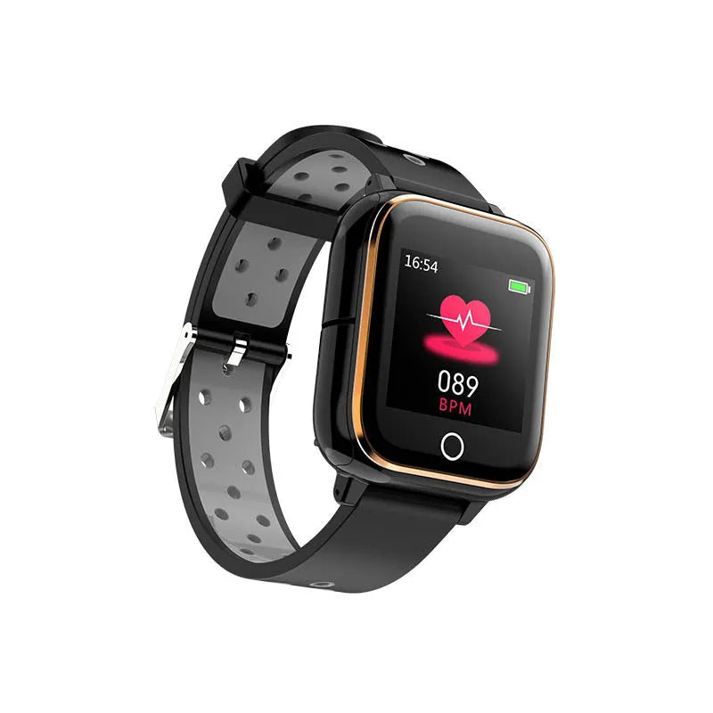 Black smart watch bracelet with integrated Bluetooth earbuds stored in charging cabinet