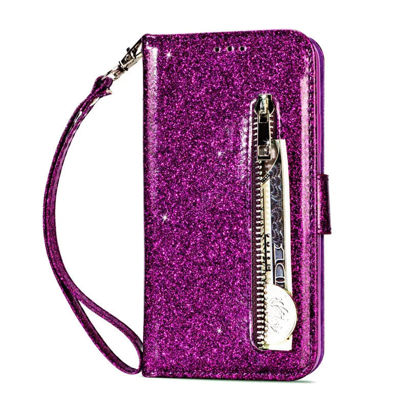 Black PU leather zipper case for iPhone shown closed and open next to a phone.