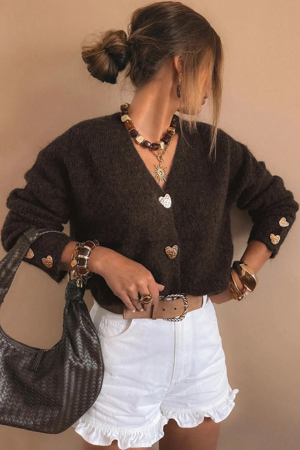 Women's loose metal buckle sweater cardigan coat in solid coffee colour, long sleeve cardigan style, sizes S to XL.
