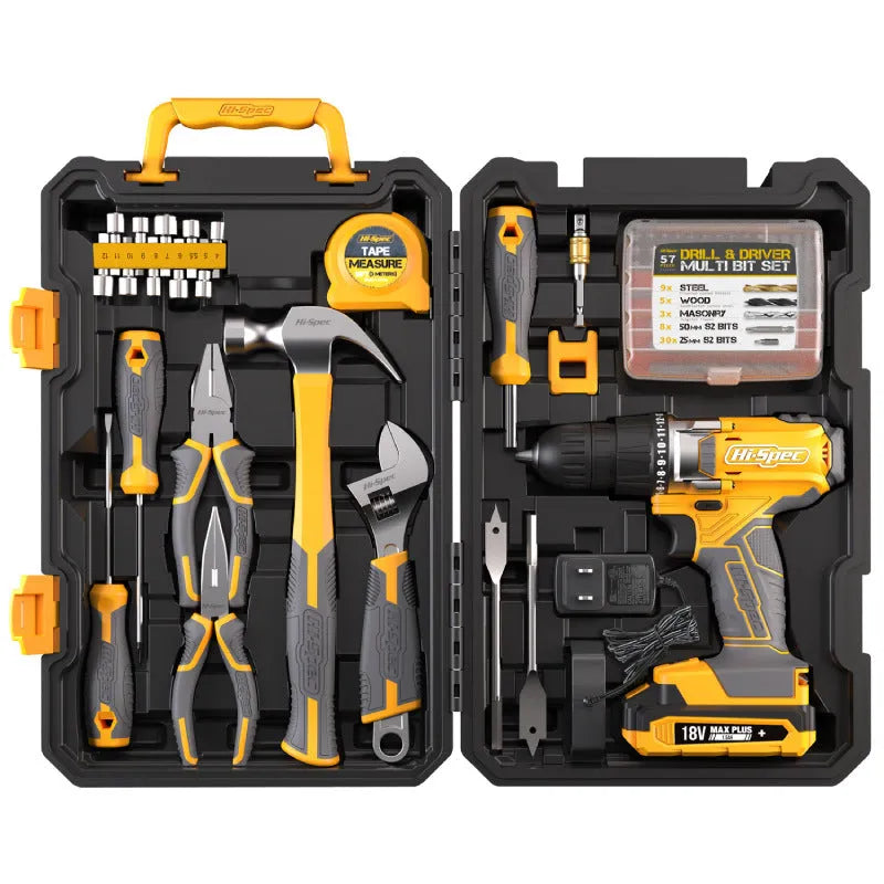 Grey-yellow 82-piece furniture installation tool kit with chrome-vanadium steel tools in protective case