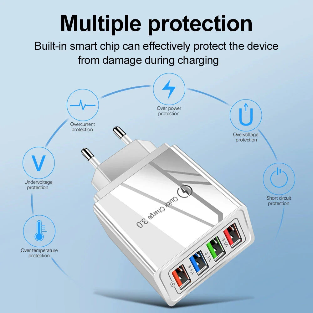 4-port USB wall charger with Quick Charge 3.0 technology for fast charging of smartphones and tablets