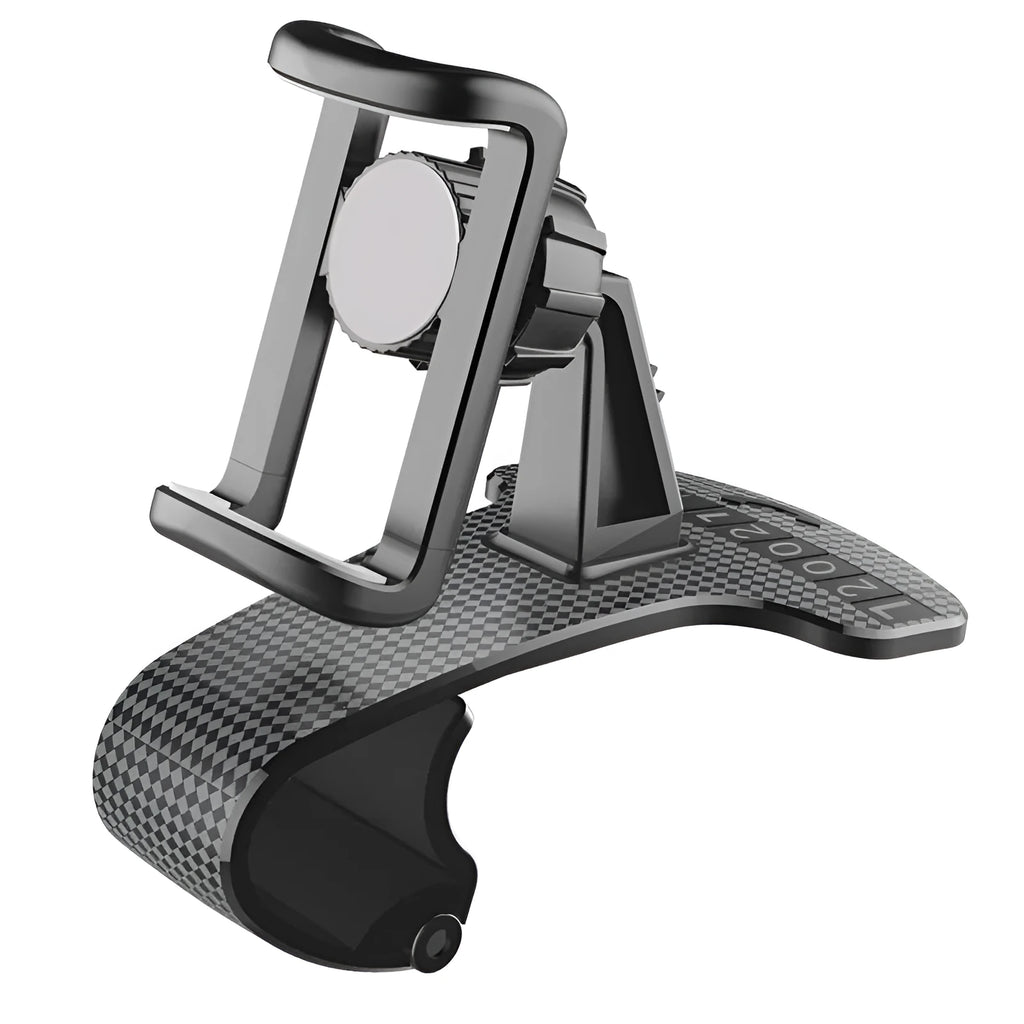 Black 360-degree adjustable universal car phone mount shown on car dashboard holding smartphone