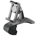 Black 360-degree adjustable universal car phone mount shown on car dashboard holding smartphone