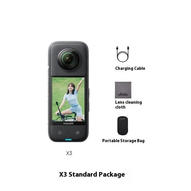 Panoramic motion camera with anti-shake function and included base in official standard colour