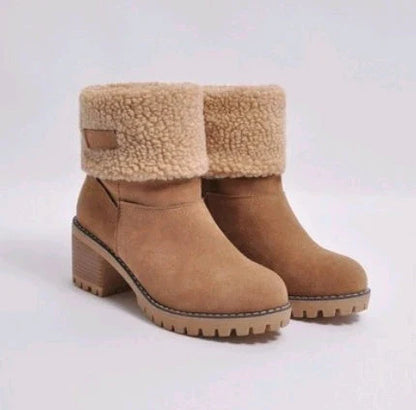 Stylish mid-calf suede snow boots with thick heels in various colors including gray, khaki, black, orange, and green