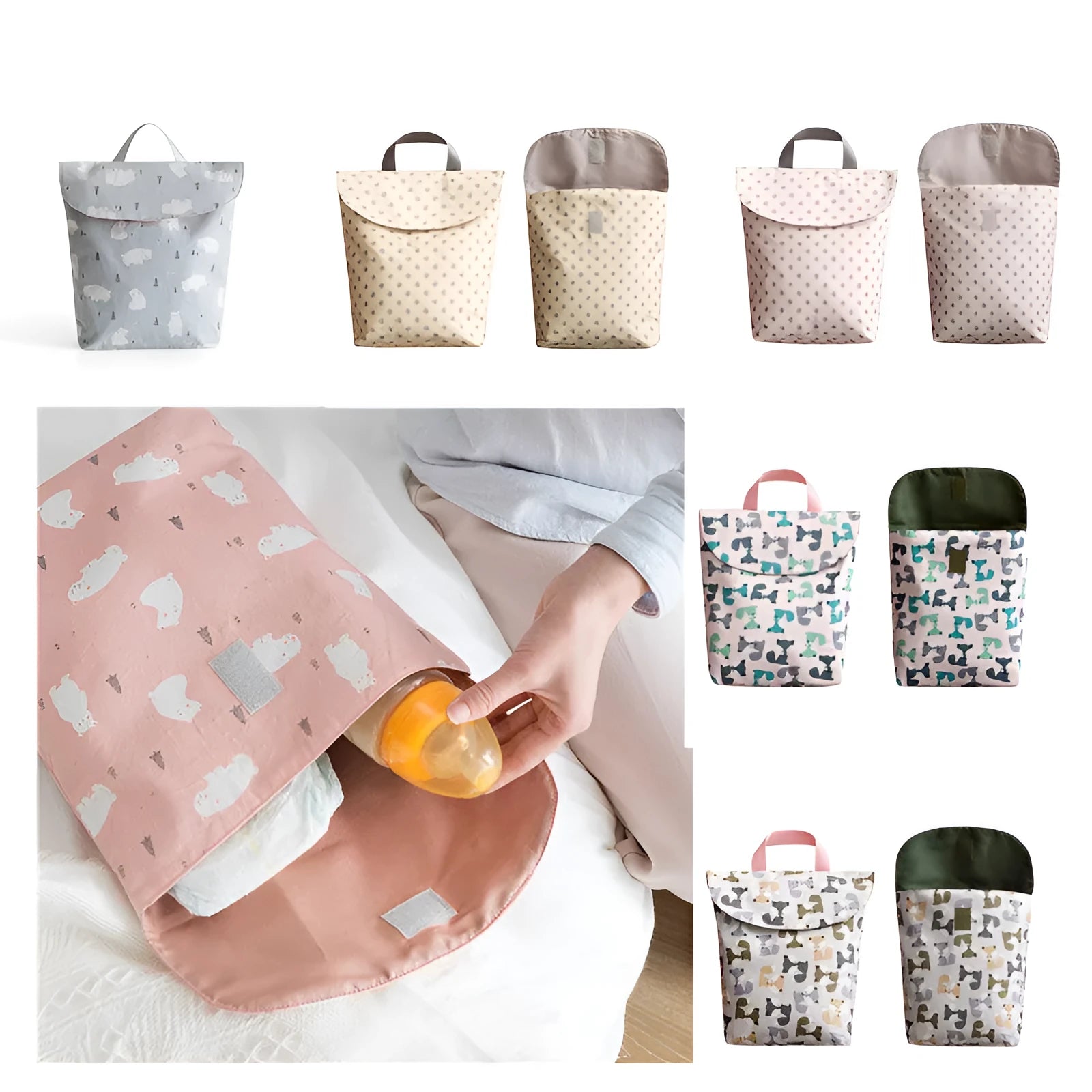 Baby diaper storage bag in polyester, L size 28.5x27.5 cm, colour grey little fox