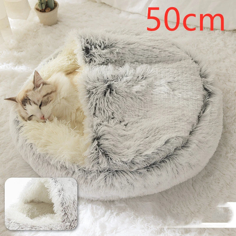 A soft, plush pet bed in various colors, including olive green, brown, pink, and grey, designed for the comfort and relaxation of cats and dogs.